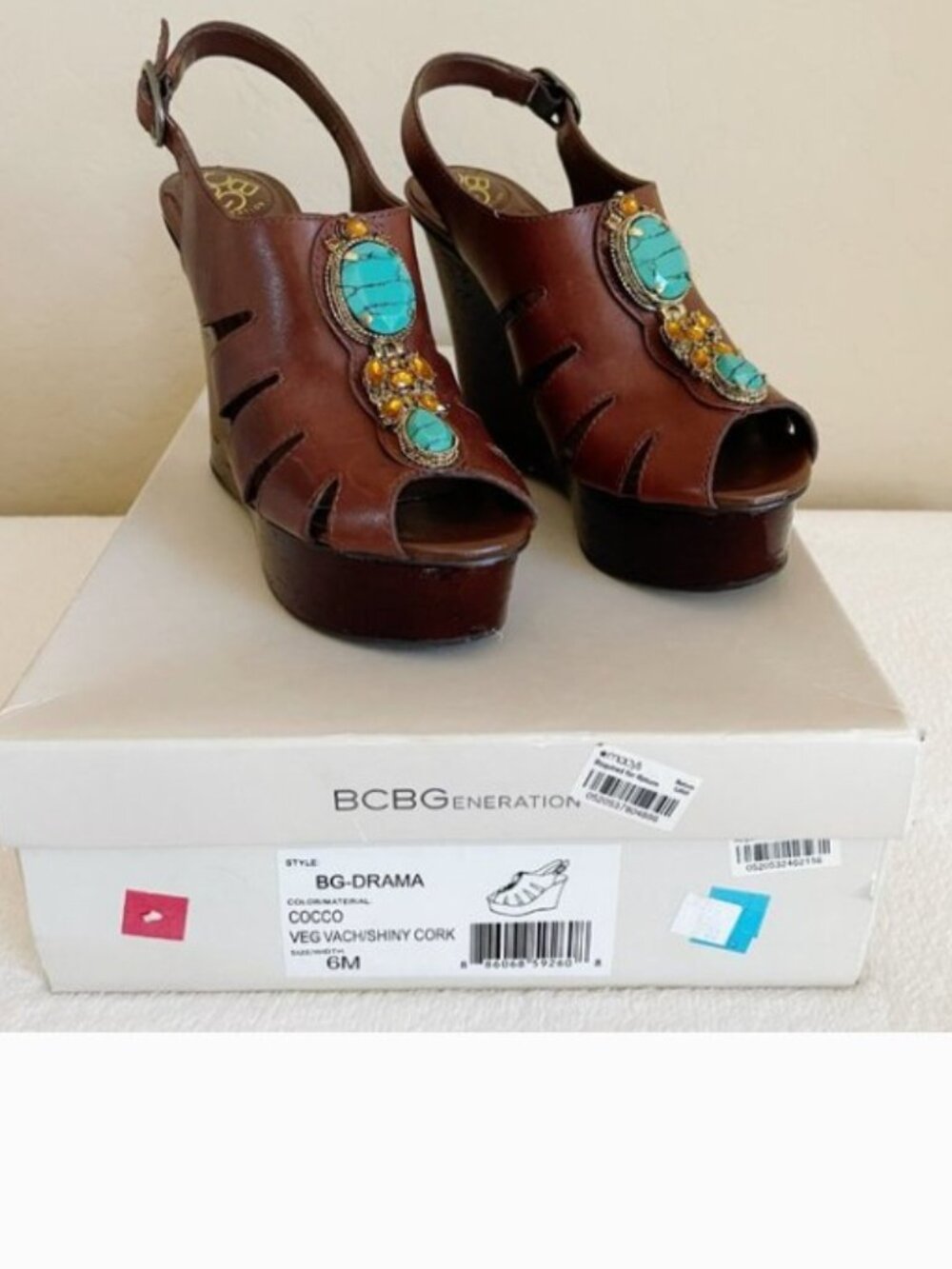 New BCBGeneration Sandals Drama Bead Stone Platform Wedge Brown Turquoise Sz 6